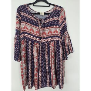 Spade‎ & Heart Blouse Small Womens Long Flounce Sleeve Key Hole Boho Multicolor